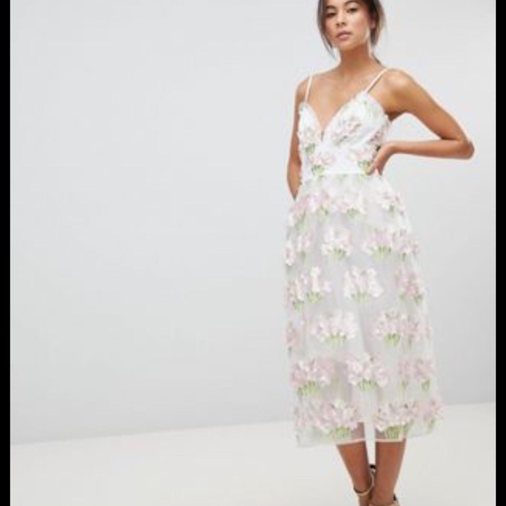 ASOS white tulle flower midi dress. Spaghetti strap wedding prom pink floral